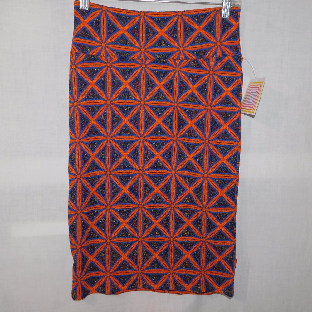 Lularoe Cassie Womens S Blue Orange Geometric Pattern Body Con Pencil Skirt NEW